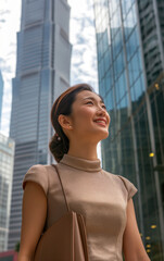 Fototapeta premium Confident Businesswoman Smiling Against Modern Skyscrapers Background. Urban Professional, Career Success, Corporate Office District