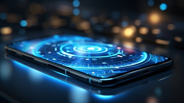 Futuristic online banking hologram in dark setting  fintech and finance innovation. 3d render