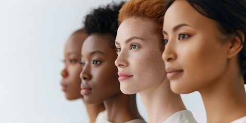 Fototapeta premium Diverse group of women with different skin tones and races in ad campaign. Concept Inclusive Marketing, Diversity Representation, Multicultural Advertising, Women Empowerment, High-fashion Modeling