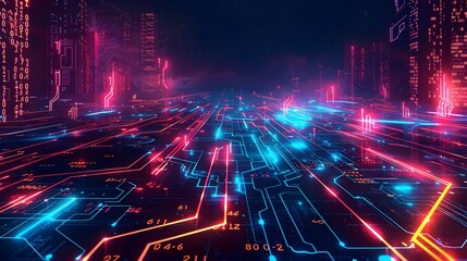 Obraz premium Neon lit Cityscape with Glowing Binary Grid and Pulsing Circuits
