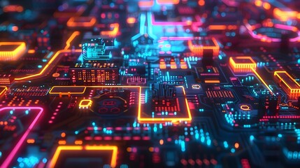 Pulsing Neon Circuits in Retrofuturistic Cityscape at Night