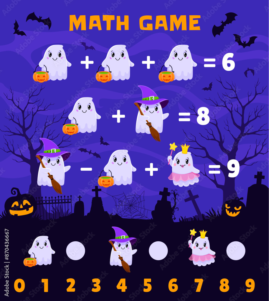 Poster math game worksheet with kawaii ghost characters. vector mathematics riddle for children education a