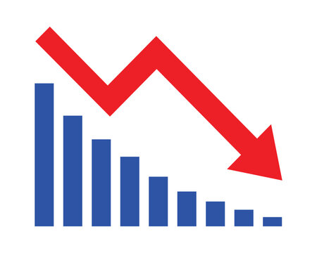 Red arrow going down stock icon on white background. Decrease, Bankruptcy, financial market crash icon for your web site design, logo, app, UI. graph chart downtrend symbol.chart going down sign.