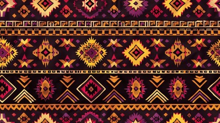 a seamless pattern of an Aztec and African tribal textile with geometric patterns in brown, yellow, red and purple colors, on dark background. The design incorporates warm tones and earthy hues,
