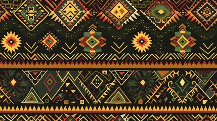 a seamless pattern of an Aztec and African tribal textile with geometric patterns in brown, yellow, red and purple colors, on dark background. The design incorporates warm tones and earthy hues,