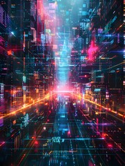 Fototapeta premium Neon Lit Digital Data Metropolis with Shimmering Glitching Fractal Flows