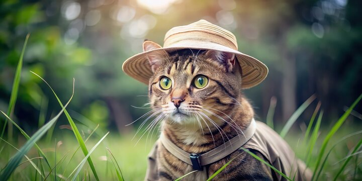 Feline explorer cat wearing safari hat exploring the wilderness, feline, explorer, cat, safari hat, adventure