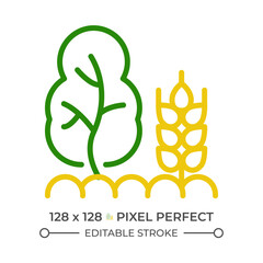 Agroforestry two color line icon. Forest farming. Sustainable agriculture. Carbon storage. Land management bicolor outline symbol. Duotone linear pictogram. Isolated illustration. Editable stroke