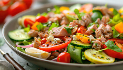 A refreshing salad with tuna, tomatoes, cucumbers, and assorted vegetables served in a bowl