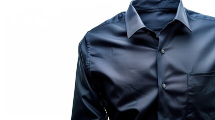 A navy blue men's formal dress shirt with a pocket detail on a solid white background.