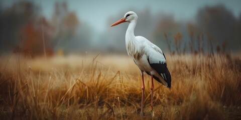 White stork standing alone in a field. Concept Wildlife Photography, Bird Watching, Animal Behavior, Natural Habitat, Conservation