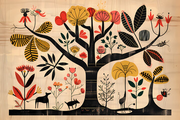 An abstract representation of a tree with vibrant leaves and various animals surrounding it, set in a folk art style that emphasizes bold colors and intricate patterns.