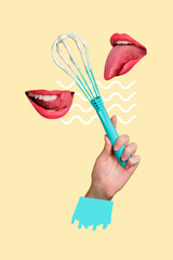 Vertical collage woman face fragments lips tongue teeth lick kitchenware tool culinary dish preparation dinner cooker hand body fragment