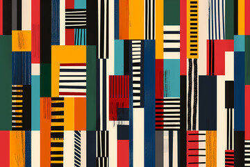A minimalistic and abstract artistic composition that integrates geometric shapes and blocks with a vibrant color palette, reflecting modern graphic design principles.