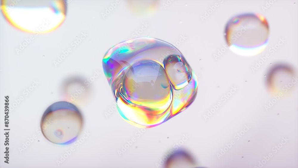 Poster 3d animation of liquid bubbles merging. the components of a macro shot combine to create a serum. a 