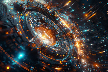 Fototapeta premium Holographic display of interconnected light beams and mechanical gears in a futuristic digital artwork.