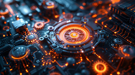 Holographic display of interconnected light beams and mechanical gears in a futuristic digital artwork.