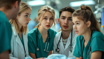 medical students doing practical work, young team of doctors in a modern hospital