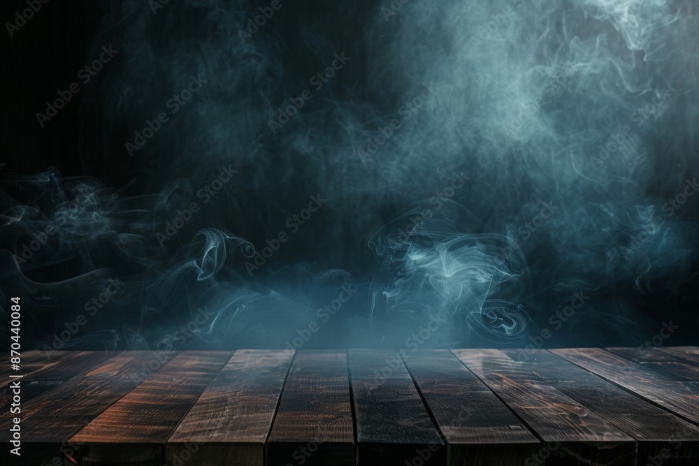 Aufkleber an empty wooden table with smoke floating up in the air on a dark background