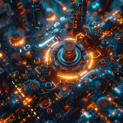 Holographic display of interconnected light beams and mechanical gears in a futuristic digital artwork.