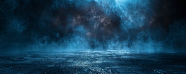 Fototapeta premium The asphalt in the background is wet, neon lights are reflecting on it, a searchlight is on it, and smoke is present. The abstract light is in an empty dark street with smoke. Night city, an empty