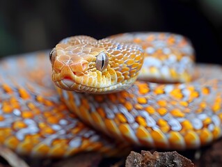 Fototapeta premium Coiled Venomous Snake in Vibrant Colourful Camouflage Revealing Scaly Texture and Pattern