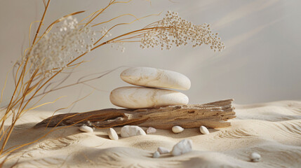 sand and wood, surrounded by natural elements like driftwood or stones.