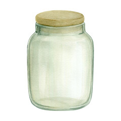 Glass jar with lid. The illustration is drawn in watercolor and isolated on a white background. A simple clear jar for your projects