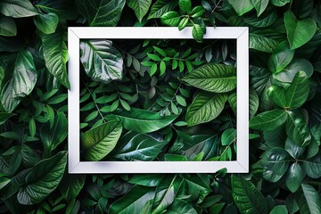 Flat lay, green leaves with white square frame, for advertising card or invitations