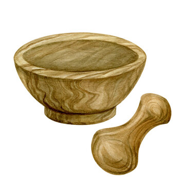 recommend clip art: Wooden mortar and pestle for spices and medicinal herbs. The illustration is hand drawn in watercolor and isolated on a white background