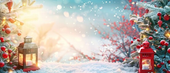 Naklejka premium The Christmas lantern on the snow and branches of fir against the sunlight. A winter decoration background.