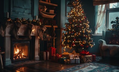 Christmas interior with glowing tree, fireplace, and gifts in the dark