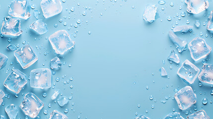 Scattered ice cubes on light blue background