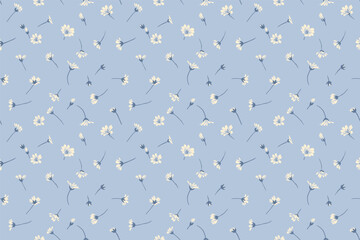 Pastel blue seamless pattern with tiny flowers and small buds. Abstract artistic floral minimalist print. Vector hand drawing sketch. Design for fashion, fabric, wallpaper, textiles,.