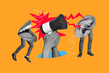 Collage fragments legs hands headless body stand mouth psychedelic concept scream tell loudspeaker announce hear listen ear announcement