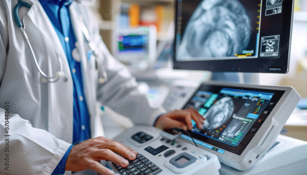 Poster a doctor is using a keyboard in front of a computer monitor, displaying multimedia content