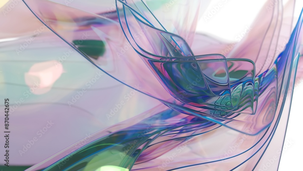 Poster graceful 3d animation of delicate, translucent fabric-like structure in pastel colors. it moves flui