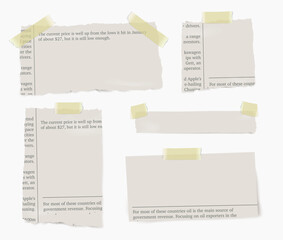Realistic vector pieces of newspaper with yellow adhesive tape on transparent background.