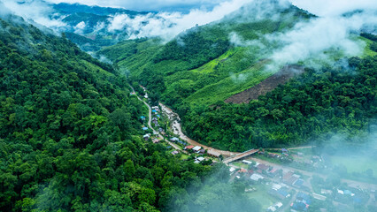 Aerial view of the beautiful Sapan village scenery, a small village in the middle of a valley...