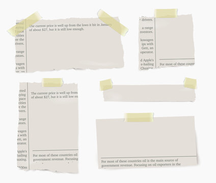 Realistic vector pieces of newspaper with yellow adhesive tape on transparent background.