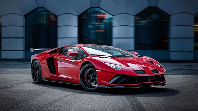 Dynamic red sports car in an urban environment. A high performance modern car with an elegant design and high-gloss finish, set against a modern cityscape.