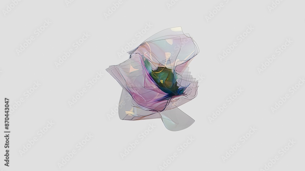 Poster mesmerizing 3d animation of a floating, semi-transparent fabric-like structure in iridescent colors.