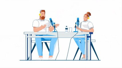 Podcast Recording Session Featuring Two Hosts in Studio Setting. They Are Sitting at Table, Using Microphones and Headphones 2D Illustration