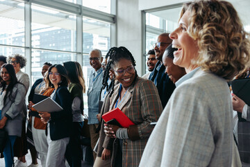 Business professionals interacting and laughing during a lively corporate event
