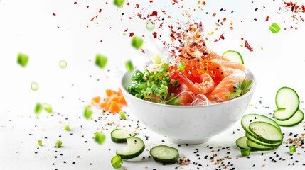 A Poke Recipe With Different Fresh Ingredients Falling Into A Bowl On A White Background