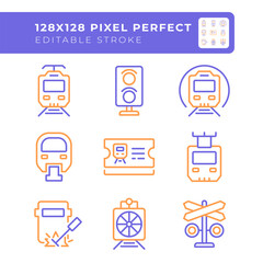 Railroad company two color line icons set. Train transportation. Commuting. Locomotive engineering bicolor outline iconset isolated. Duotone pictograms thin linear. Editable stroke