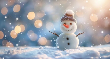 Fototapeta premium A panoramic view of a snowman in a winter landscape with copy space