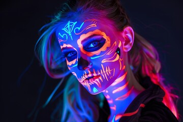 The face and hands of the subject are painted with an ethnic pattern, in neon makeup under ultra violet light. The head and hand are painted with vibrant colors, and make-up is colourful.