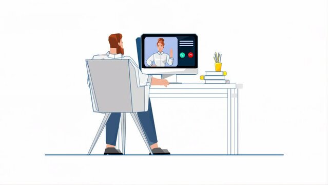 Businessman Sitting at Desk in the Home Office, Engaged in a Video Call With Female Colleague or Manager 2D Illustration