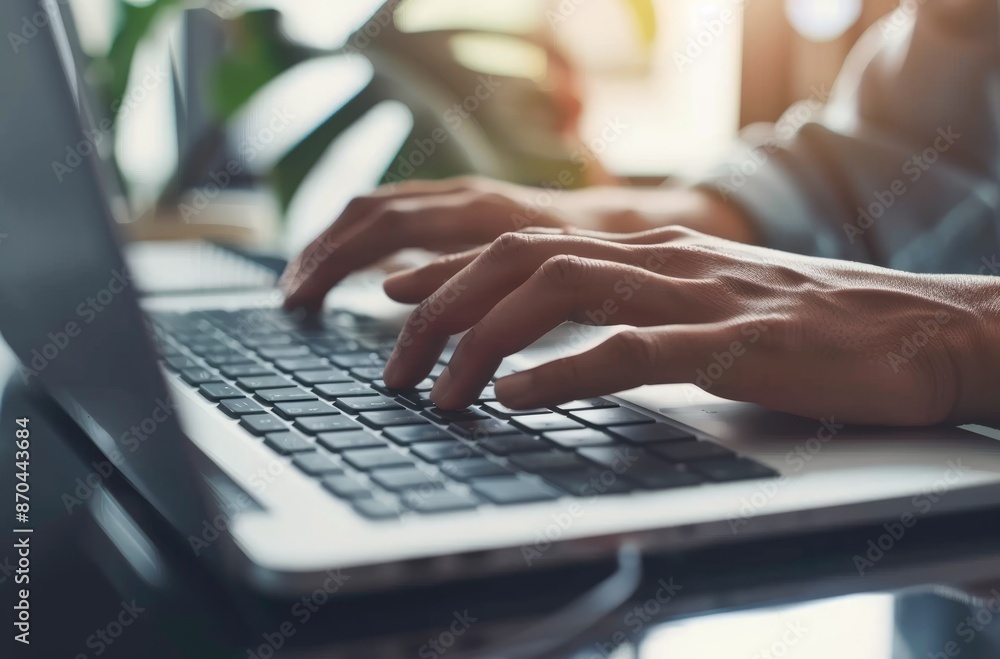 Poster closeup image of hands typing on a laptop keyboard with ambient lighting, illustrating computer work